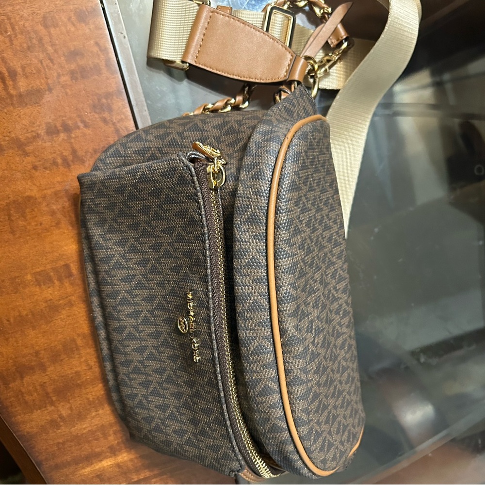 Brown and Tan Belt Bag with Gold-Tone Hardware